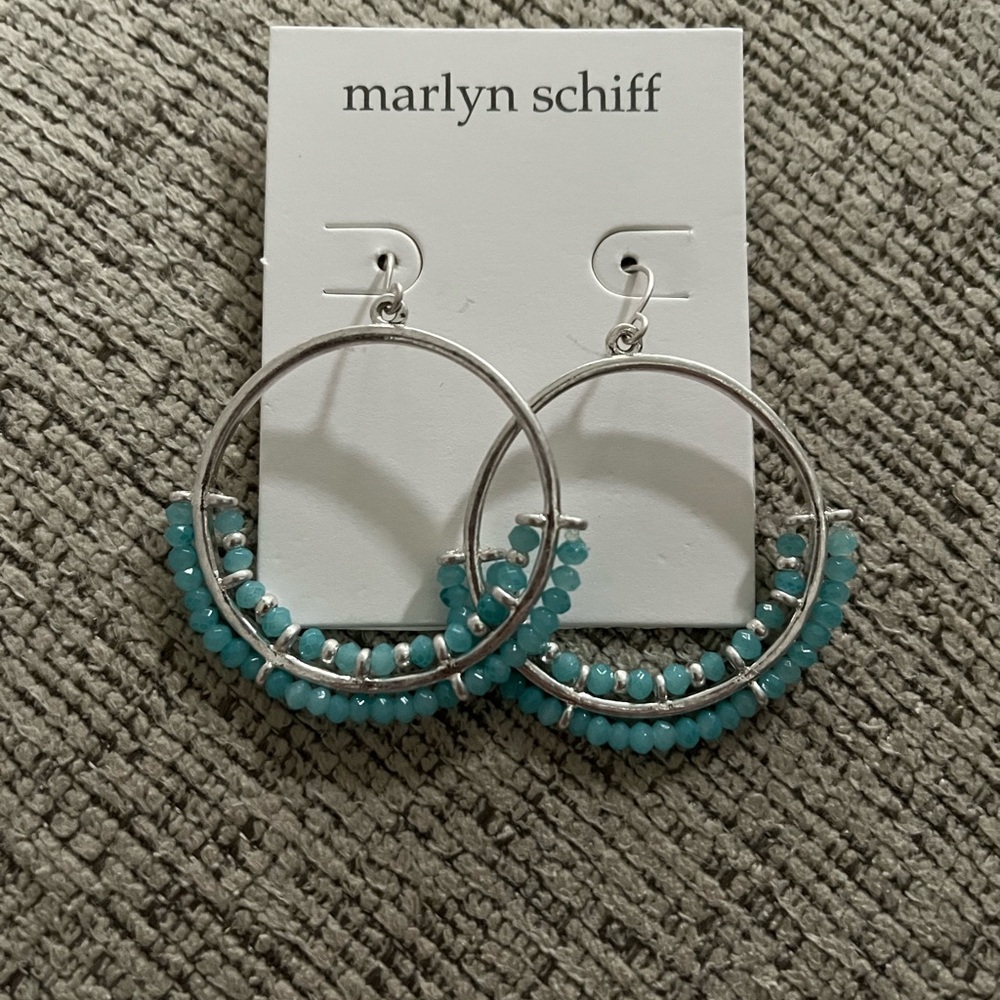 Marlyn Schiff Turquoise and Silver Hoop Earrings with Beaded Accents